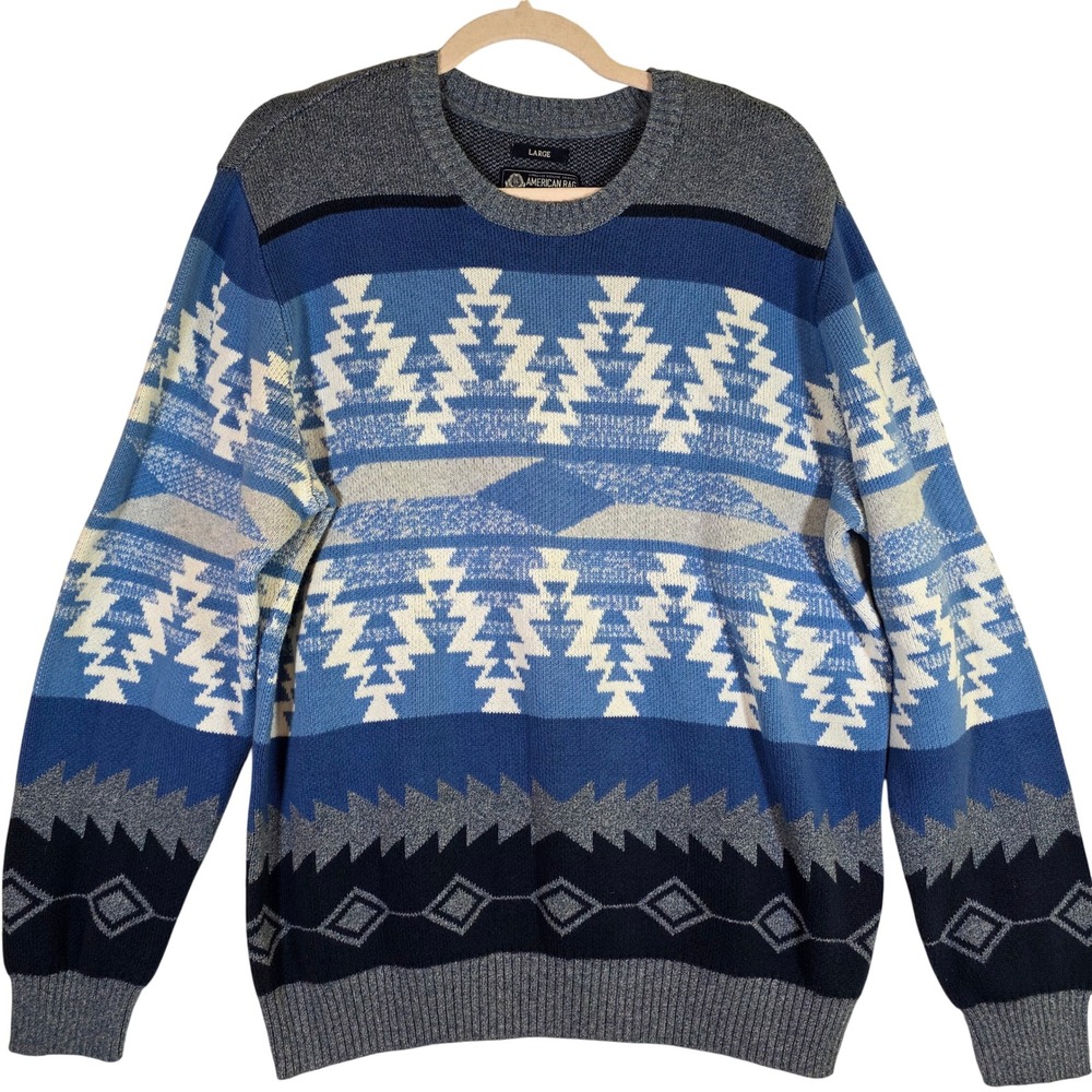 AMERICAN RAG Mens L Blue Gray Southwestern Knit Sweater Outdoor Cabin Gorpcore
